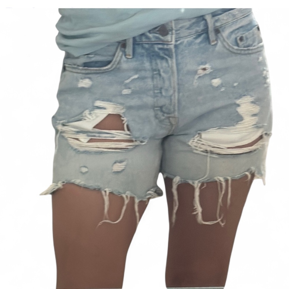 GRLFRND‎ Blue Distressed Jean Shorts Raw Hem